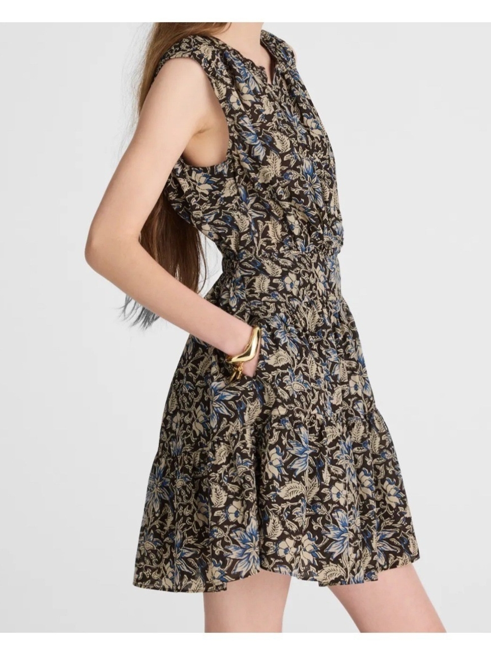 NWT Madewell Black Floral Sleeveless Tiered Mini Dress with Blue Accents